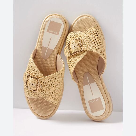 Dolce Vita NEW Alonzo Natural Raffia Buckle Slide Flat Sandal Size 7 - Picture 1 of 12